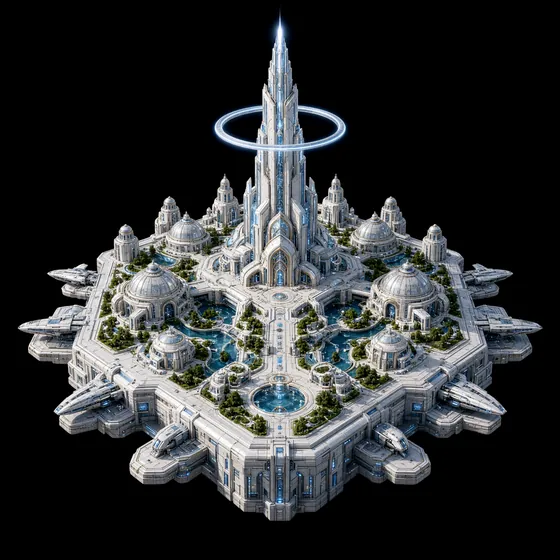 A Pleiadian alliance capital of white towers and waterfalls