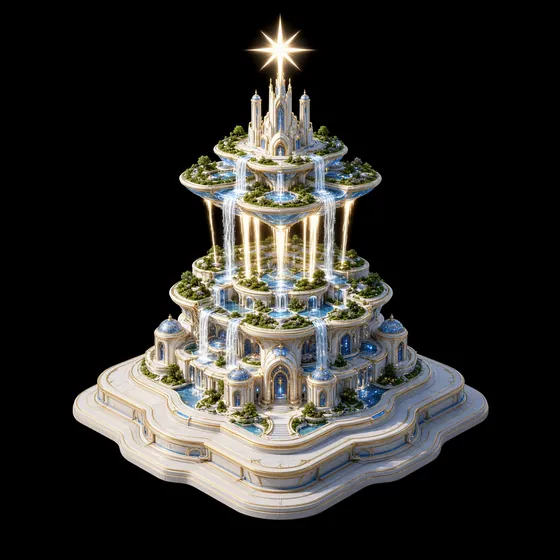 A Pleiadian Ascendant palace whose tiers float on light under a star