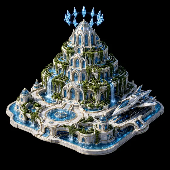 A Pleiadian Sovereign palace crowned with blue crystals