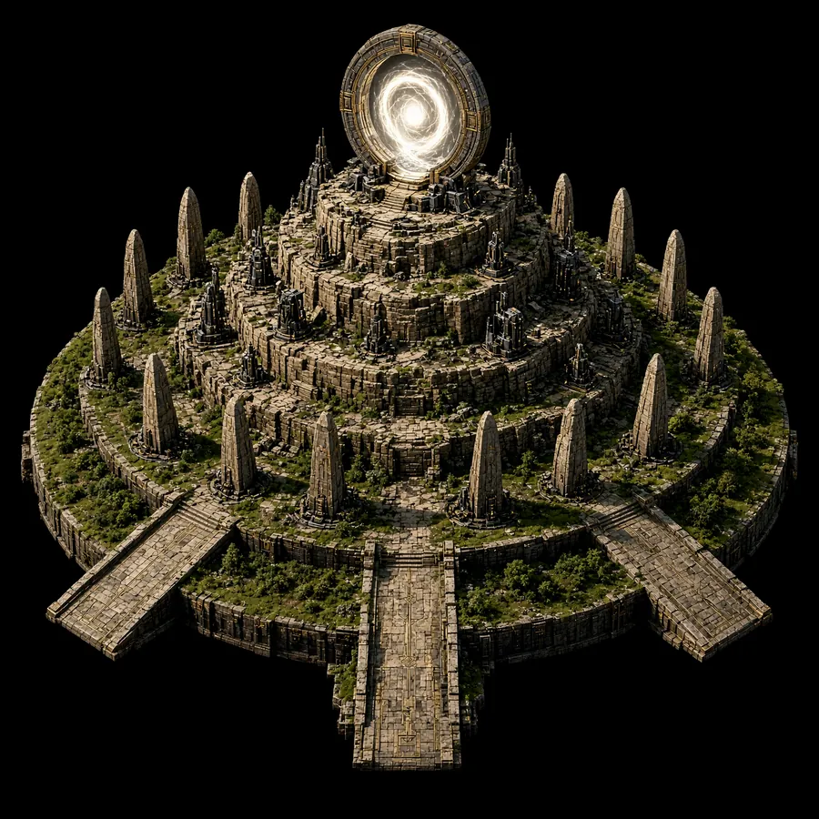 The First Gate, an ancient stone megastructure with a glowing ring on top
