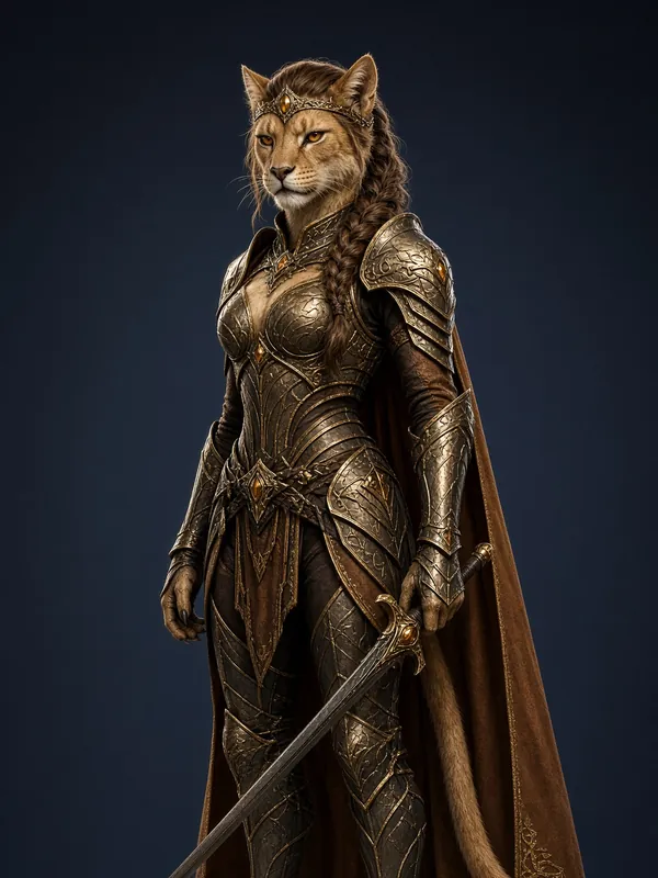 Kaela Shar'ess, a lion-like Lyran warrior in bronze armor